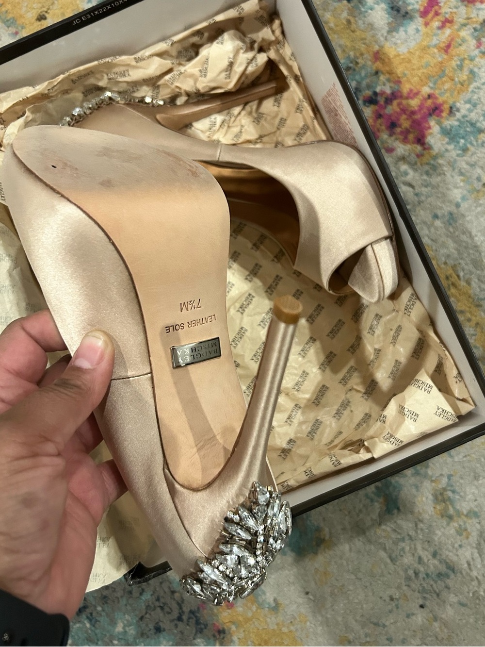 Badgley Mischka Satin Open-Toe Heels with Jewel Heel - Picture 5 of 7